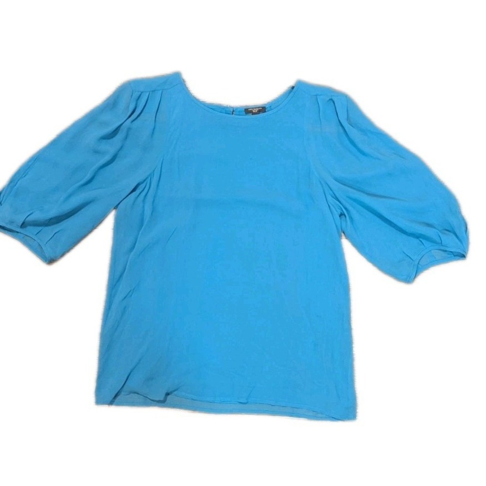 Ann Taylor 10 100% Silk Blue Sheet Puff 3/4 Sleeve Blouse Lined Pleated Colorful